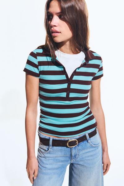 Bershka Çizgili kısa kollu polo yaka tişört
