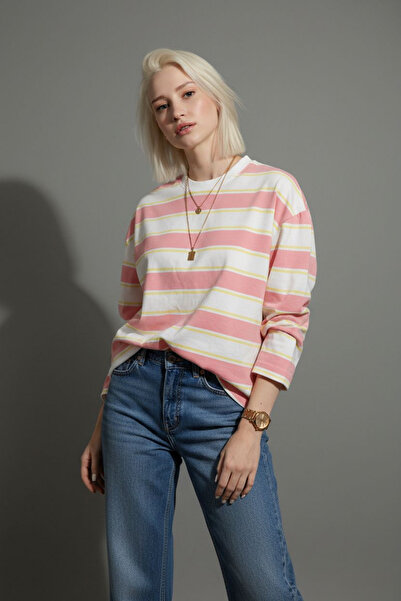 Seeh Μακρυμάνικο μπλουζάκι με ριγέ ροζ λαιμόκοψη 100% βαμβάκι SH313