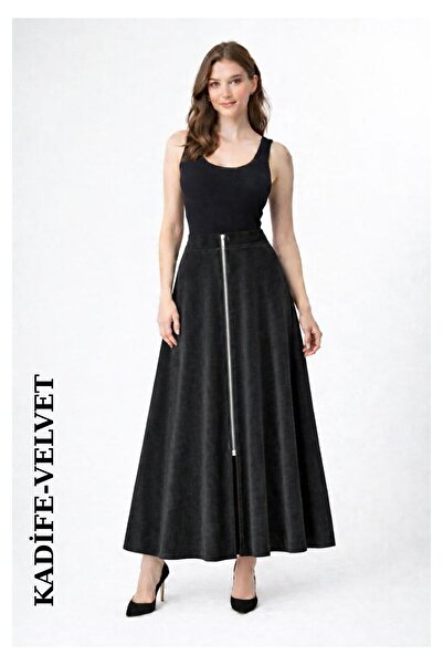 WAYS Fusta lungă Mevlana din catifea neagră pentru femei, cu fermoar în față,...