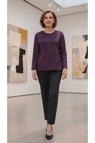 Trikolay Büyük Beden Kadın Kolu Taş Detaylı Penye Bluz