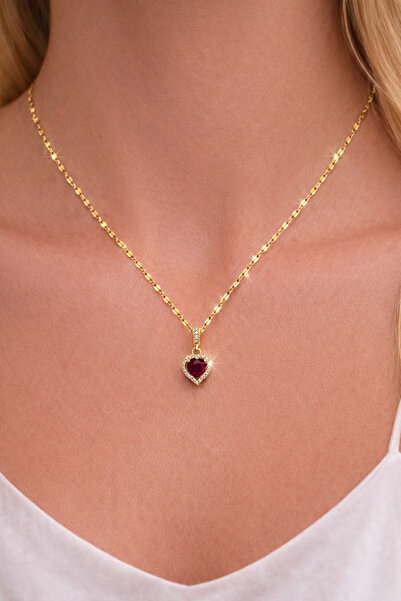 Yush aksesuar KIRMIZI KALPLİ KADIN GOLD ÇELİK KOLYE