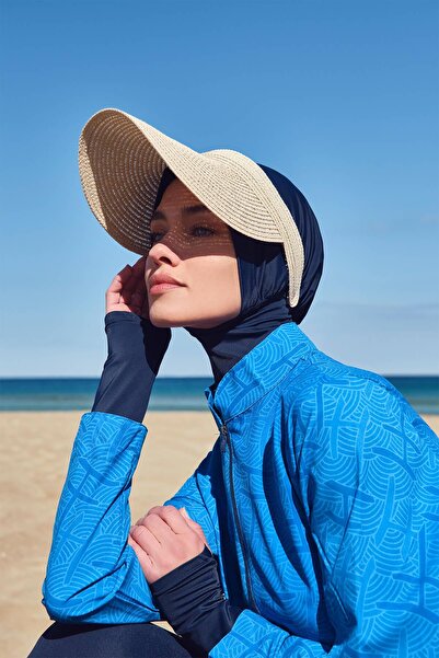 Haşema ملابس سباحة إسيلا مونوغرام منقوشة باللون الأزرق الداكن مع حجاب كامل 2934