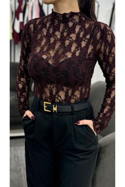 Moda Banuş Brown Lace Fisherman High Neck Long Sleeve Bodysuit