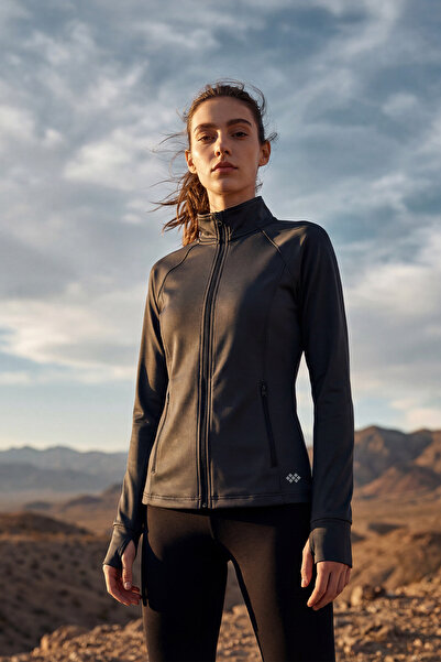 TOMMY LIFE سترة جري نسائية من Anthracite ياقة مرتفعة متوسطة الطول Basic مريحة...