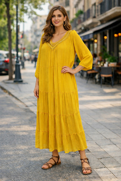 Bohem Stil Rochie maxi elegantă din mătase, cu guler cu paiete italian