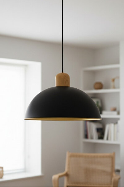 Bamyum Siyah Hobbs Metal Ahşap Başlık Sarkıt Avize Mutfak Salon Cafe Ofis Dek...