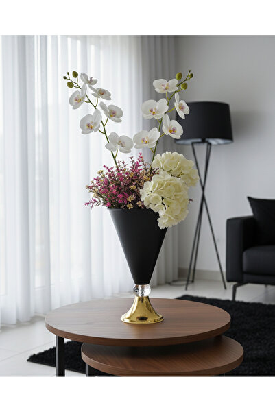 Decodelight Modern Dekoratif Konik Gold Ayaklı Kristal Taşlı Siyah Konik Büyü...