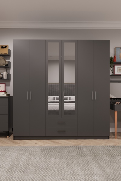 asratrend Asra Trend MDF 6 Kapaklı, 2 Çekmeceli, 2 Aynalı Gardırop - 240x218x...