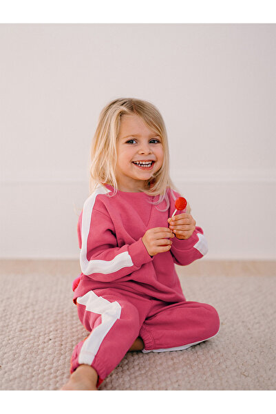 Antebies Organik Pembe Beyaz Kız Bebek Eşofman Takımı