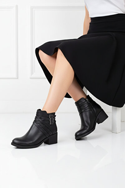 Deripabuc Hakiki Deri Siyah Kadın Deri Bot TRC-W018