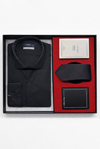 Morven Siyah Erkek Stil Slim Fit Hediye Kutulu Gömlek, Kravat, Parfüm Ve Cüzd...