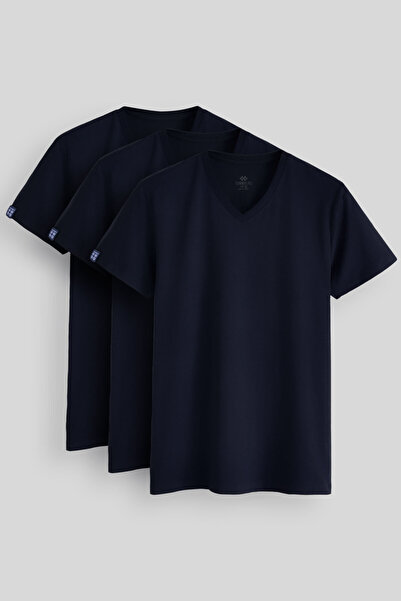 TOMMY LIFE Standard Fit Basic V-Ausschnitt 3er-Pack Dunkelblaues Herren-T-Shi...