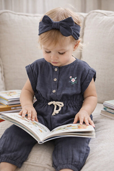 Babyhola %100 Pamuk Kız Bebek Yazlık Müslin Tulum Saç Bandı 2'li Bayramlık Se...