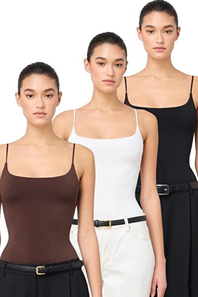 Madmext Siyah/Beyaz/Kahverengi Ayarlanabilir Askılı Kadın Atlet Paket MG2527