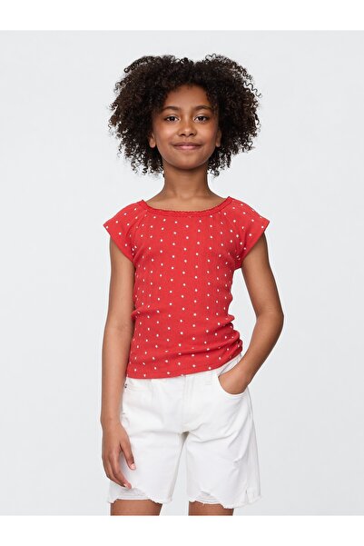GAP Kız Çocuk Kırmızı Dantel Yaka Pointelle T-Shirt