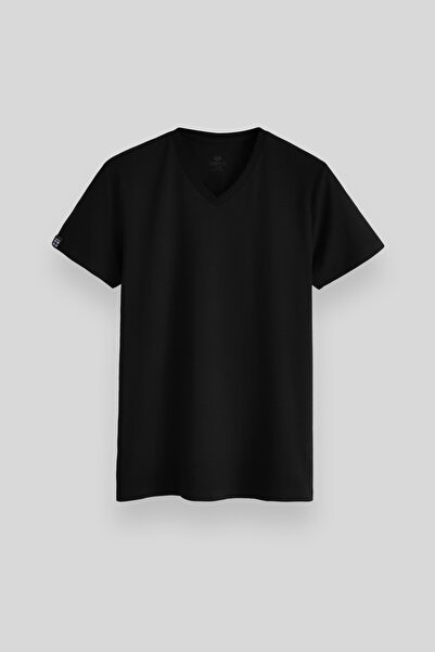 TOMMY LIFE Siyah Basic Kısa Kol Standart Kalıp V Yaka Erkek T-Shirt - 87912