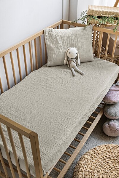 KEBY Organik Pamuk Müslin Lastikli Çarşaf Seti 70×130/20 - Bej