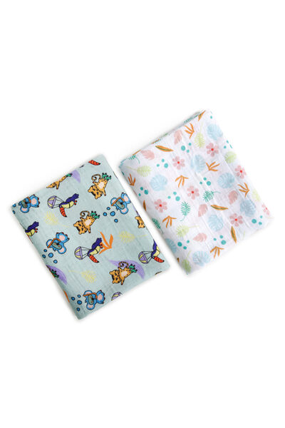 Milk & Moo طقم بطانية موسلين من ميلك آند مو، قطعتان، بتصميم أصدقاء الغابة، قط...