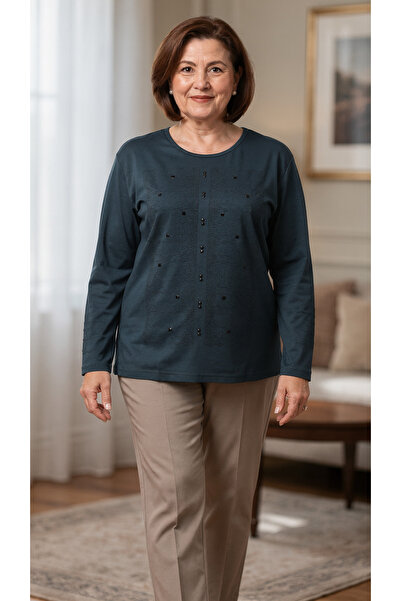 Trikolay بلوزة نسائية كبيرة الحجم من القطن الممشط مع تفاصيل حجرية على الأكمام