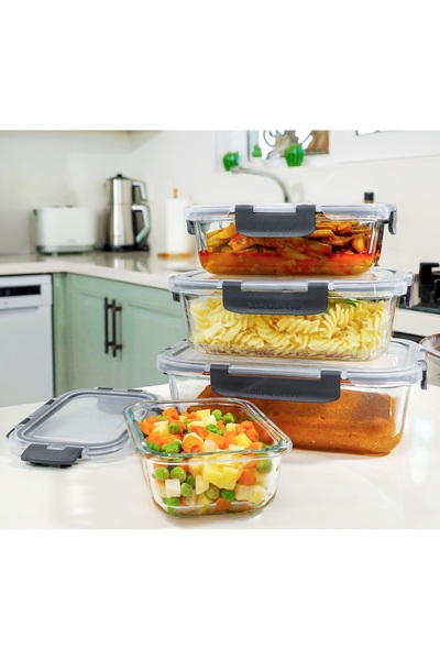 Gedik Glass 4'lü Dikdörtgen Şeffaf Isıya Dayanıklı Cam Kilitli Saklama Seti S...