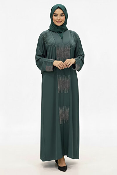 Muchmy Dark Green women's Abaya With Shimmering Rhinestone Embroidery Wide Sl...