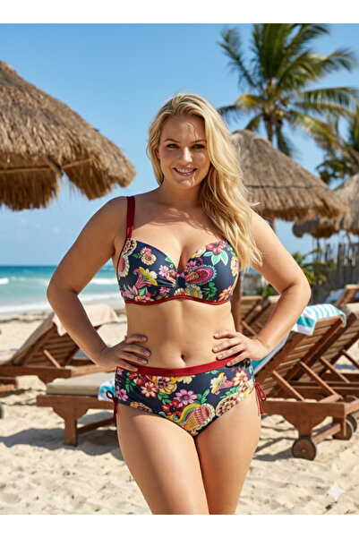 hazelin Kadın Lacivert Bordo Çiçek Desenli Yüksek Bel Toparlayıcı Büyük Beden...