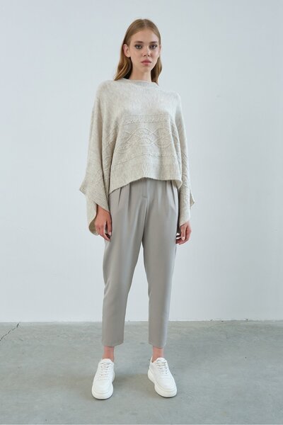 PARKhande Yarasa Kol Örgü Detaylı Panço Triko- Taş