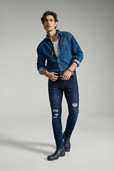 Bluewhite Чоловічі рвані джинси зі стрейч-тканиною, облягаючого крою, темно-с...