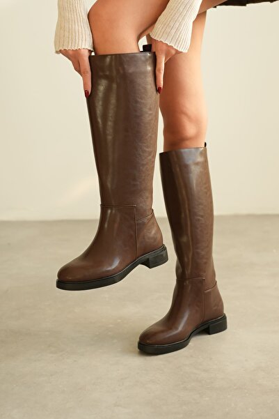 MODAADAM Cizme Poter pentru damă cu talpă plată - maro-piele