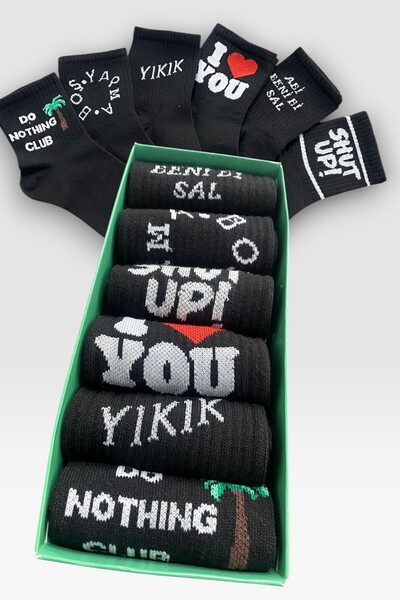 Esinti 6 Pairs of Text Patterned Cotton Black College Socks – Unisex Women's ...
