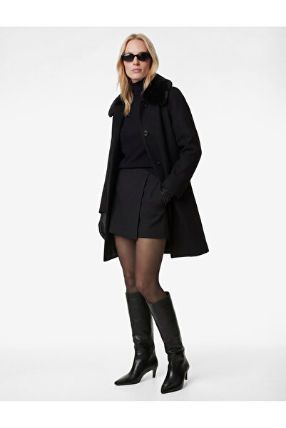 Koton Long Sleeve Belted Buttoned Detachable Faux Fur Collar Cashmere Coat