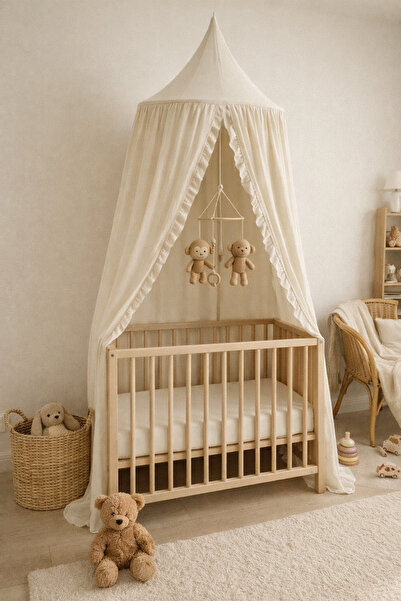 perde plus Fırfır Detaylı Pamuklu Cibinlik Bej Renk