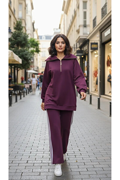 Nuss 1093 Şerit Desenli Pantolonlu Takım - mürdum