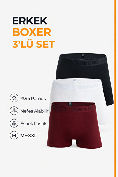 Mercan 3 قطع بوكسر رجالي قطن ليكرا مرن (أحمر كلاريت أبيض أسود)