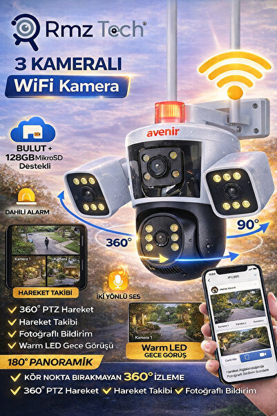 AVENİR RMZ-TECH 3 Kameralı 12mp (3X4MP) 360 Derece 180 Panoramik Wifi Kamera ...