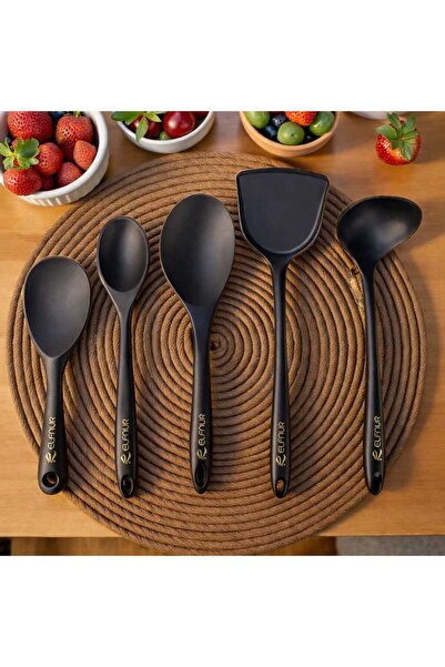 elfnur 5 Parça Isıya Dayanıklı Yanmaz Yapışmaz Silikon Kepçe Spatula Kaşık Se...