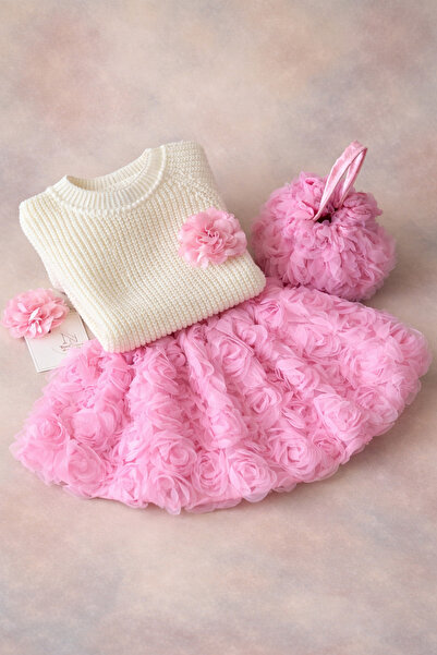 TREND NATURAL Kız Çocuk Triko Kazak ve Gül Detaylı Etek Toka ve Çanta 2-8 yaş...