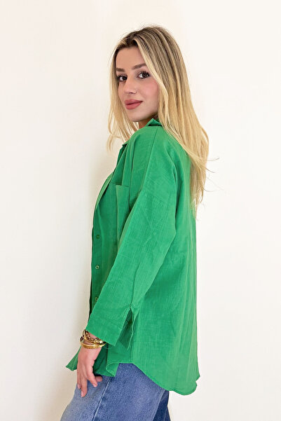 ECOTİQUE Kadın Keten Gömlek %100 Pamuk Salaş Keten Cepli Uzun Kollu Yeşil Büy...