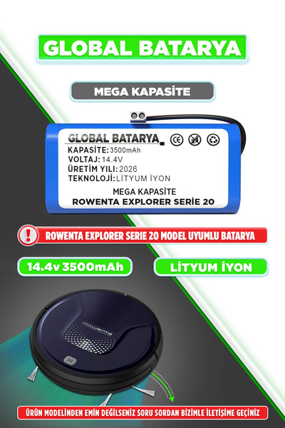 GLOBAL BATARYA Rowenta Explorer Serıe 20 Akıllı Robot Süpürge Bataryası 14.4v...