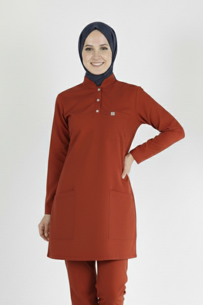 Pratik Medikal Likralı Hemşire Forması Tesettür Tek Üst Kiremit