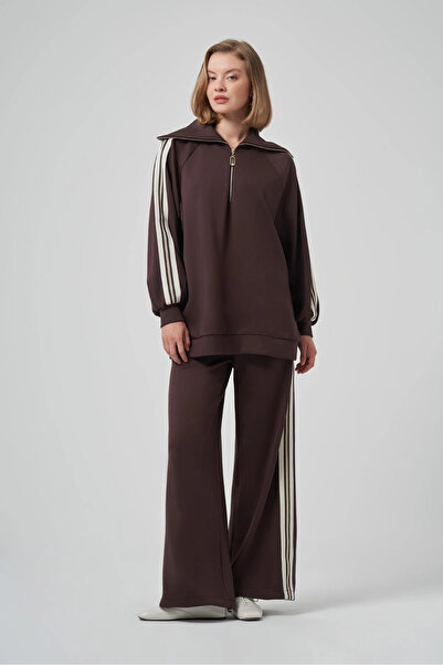 Nuss 1093 Şerit Desenli Pantolonlu Takım - kahve