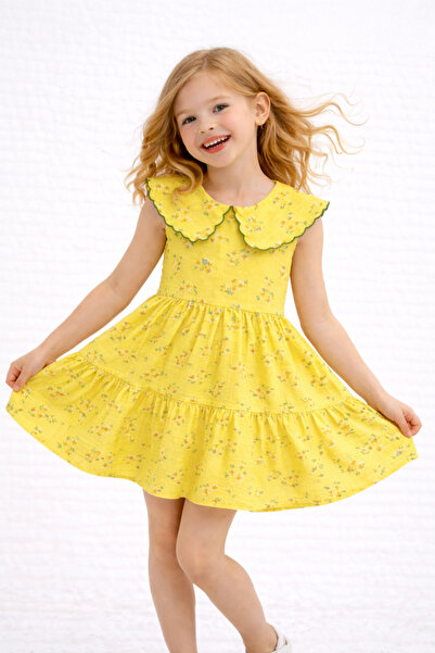 WE AND ME WE&ME Kız Çocuk Sarı Çiçek Desenli Pamuklu Yazlık Elbise