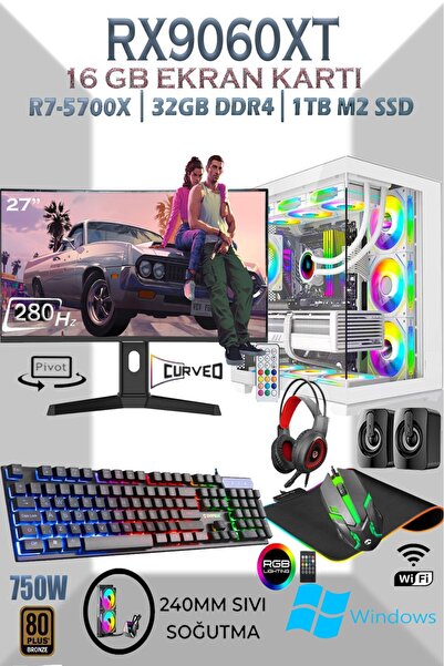 Apphirex TCW99 Ryzen 7 5700X 32GB 1TB M.2 SSD RX9060XT 16GB 27'' 280HZ Beyaz ...