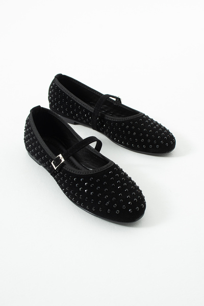 Friend & Trend Siyah Oval Burun Taşlı Düz Taban Kadın Babet Ft6005