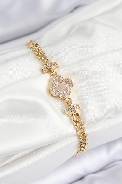 Skygo Brass Zircon Stone Clover Model Gold Color Women's Bracelet - Tj-Bb7537