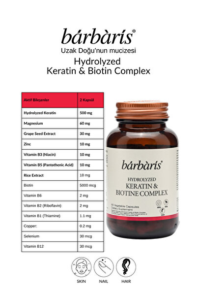 Barbaris Keratin & Biotine Complex - 60 Kapsül - Hidrolize Keratin, Biotin, Selenyum, Pirinç (Oryza Sativa) ve B Kompleks İçeren Takviye Edici Gıda