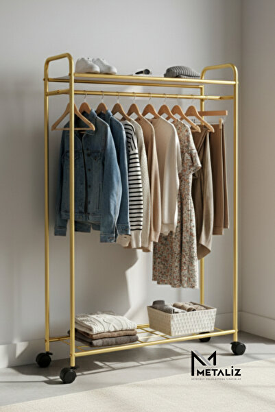 metaliz consept Tekerli Modern Metal Elbise Askılığı - Katlı Raflı Portatif G...