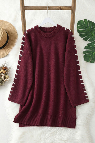 MODAQU تونيك تريكو ناعم بأكمام مزينة بتفاصيل حبلية - أحمر داكن