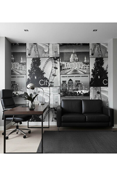 Ayzun Siyah Beyaz Gümüş Simli Mimari Desen Duvar Kağıdı