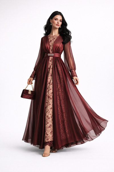 Stylish فستان من ستايلش طويل عنابي من الشيفون والدانتيل وحزام مزين بالكريستال